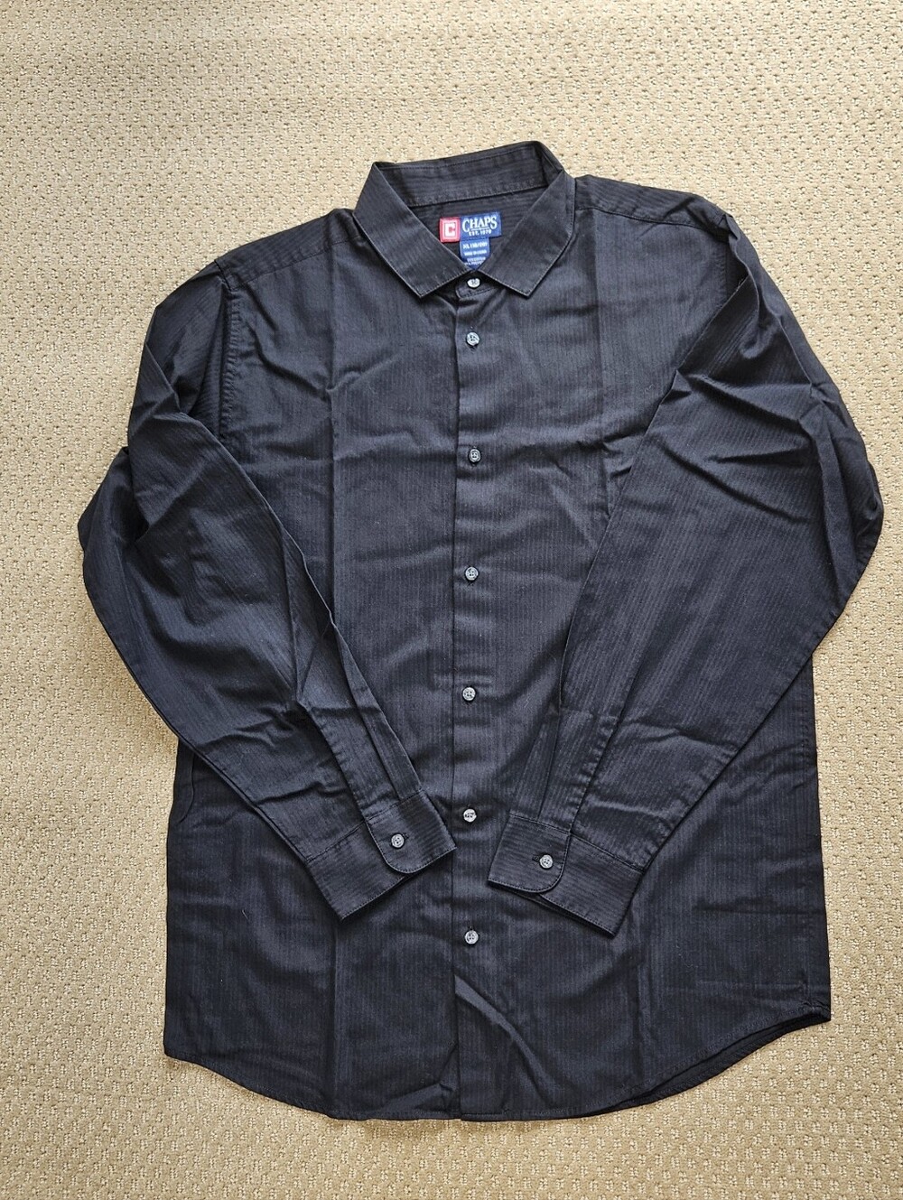 CHAPS boys' black with faint gray stripes long sleeve button front shirt